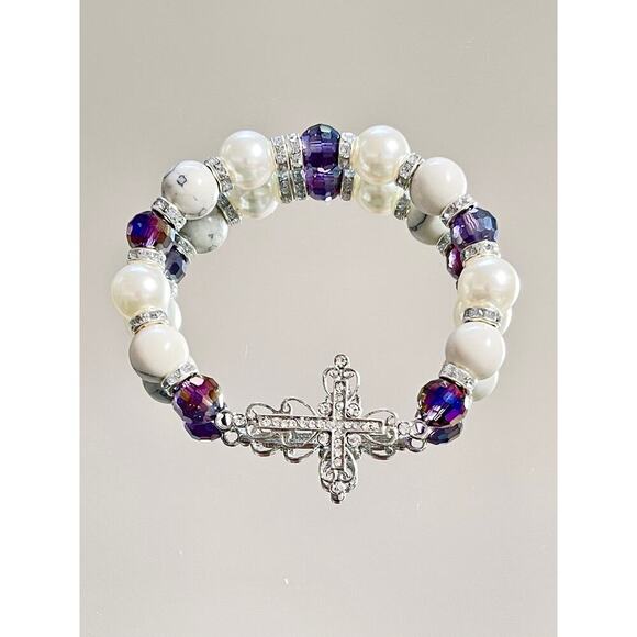 Crystal Cross Pearl Howlite Crystal Bracelet Set - Picture 9 of 12